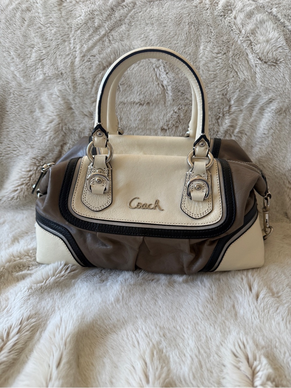 Coach Two-Tone Leather Ashley Two-Way Satchel in Cream and Brown